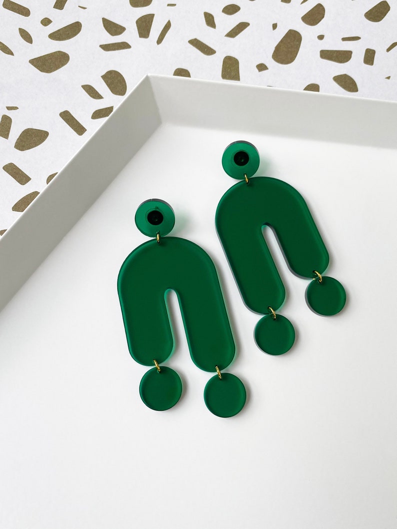 Asymmetrical Emerald Green Arch TRIP Statement Earrings, Lightweight Hypoallergenic Oversized, Transparent Dangle and Drop Acrylic Push Back image 2