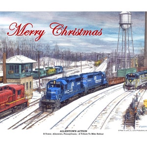 May include: A watercolor painting of a snowy Allentown, Pennsylvania train yard with multiple trains. The painting features a red train, blue trains, and green and yellow trains. The words "Merry Christmas" are written in red script at the top.
