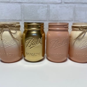 Set of 3, 4, or 5 Mason Jar Centerpieces for Table, Rustic Pink and Gold Color Farmhouse Mason Jars.