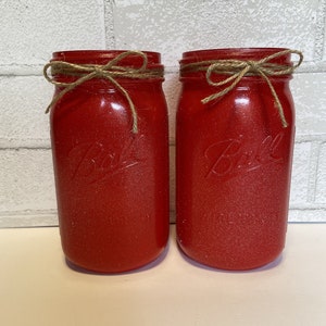 Red Glitter Painted Mason Jar: Wedding Centerpiece with Jute Bow
