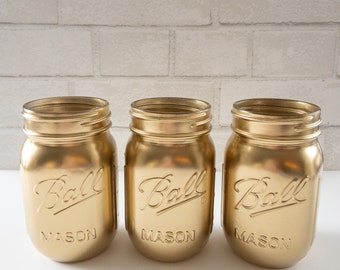 Gold Painted Mason Jar, Gold Centerpiece, Painted Mason Jar, Wedding Centerpiece, 50th Anniversary Celebration