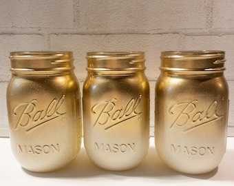 Gold and Ivory Ombre Painted Mason Jar, Wedding Decor, Gold Vases, 50th Anniversary Celebration