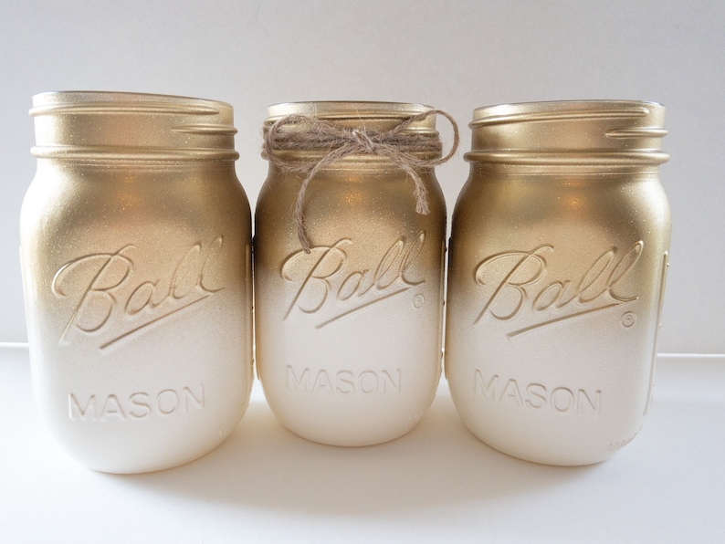 Gold and Ivory Ombre Painted Mason Jar, Wedding Decor, Gold Vases, 50th Anniversary Celebration image 4