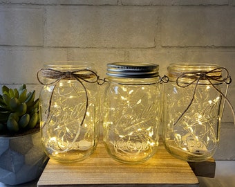 Mason Jar Lighted Centerpiece, Fairy Warm Lights, Jute Twine, Wedding Centerpiece, Deck Table Centerpiece, Summer Night Lighting