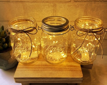 Lighted Mason Jar Centerpiece: Rustic Wedding Table Decor