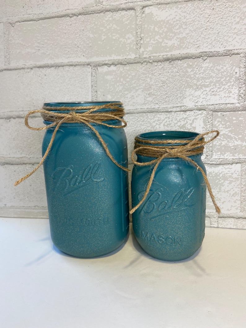 Painted Mason Jar, Teal With Gold Glitter Centerpiece, Jute Bow, Custom ...