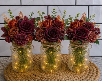 Red Burgundy Flower Mason Jar Centerpiece, LED Lighted Farmhouse Wedding Decor