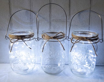 Mason Jar Lighted Centerpiece, Fairy White Lights, Wedding Centerpiece, Mood Lighting, Deck Table Centerpiece, Summer Night Lighting