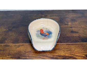 Vintage Hand-Painted Ceramic Rooster Spoon Rest With Distressed Blue Trim