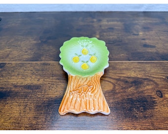 Vintage Ceramic Tree-Shaped Plate With Lemon Design - Decorative Serving Dish Green & Brown