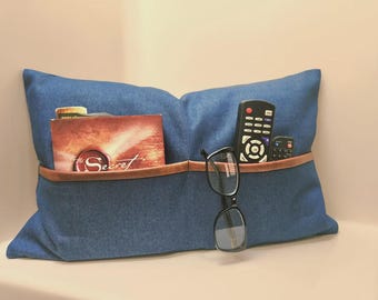 Denim Pillow Cover with Pocket and Cognac Faux Leather Trim