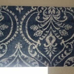 Custom Flat Cotton Valance: Blue & White Damask, Farmhouse Style