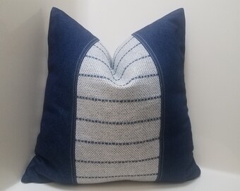 Denim & Gray Striped Pillow Cover: Farmhouse Colorblock Design