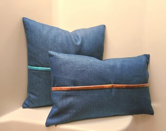 Denim Pillow Cover with Pocket, Faux Leather Trim