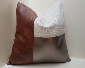 Faux Leather Pillow Cover: Woven Mudcloth Accent, Color Block Cushion