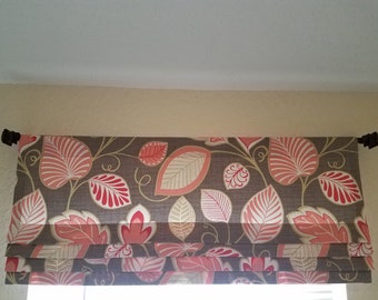 Floral Cotton Roman Shade Valance: Gray, Pink, and Green Leaves (38" x 16")