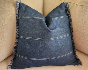 Fringe Denim Pillow Cover: Patchwork Jeans Throw Pillow, Farmhouse Style