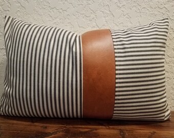 Striped Faux Leather Pillow Cover: Modern Farmhouse Lumbar