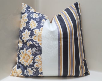 Color Block Faux Leather Pillow Cover: Floral & Striped Accent Pillow