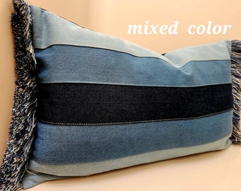 Denim Fringe Pillow Cover: Patchwork Jeans Throw Pillow, Farmhouse Style