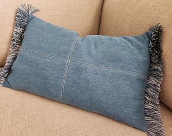 Fringed Denim Pillow Cover: Patchwork Jeans Decorative Pillow