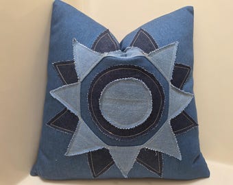 Denim Decorative Pillow Cover: Jeans Throw Pillow Covers with a Star Accent, Farmhouse Style