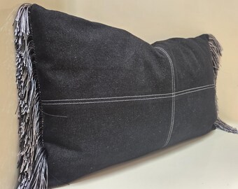BLACK Fringed Denim Pillow Cover: Patchwork Jeans Decorative Pillowcase