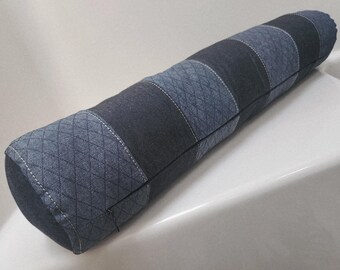 Dark Charcoal Denim Rectangular or Bolster Striped Pillow Cover- Patchwork Design