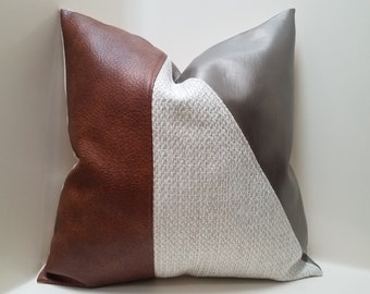 Faux Leather Pillow Cover: Woven Mudcloth Accent, Color Block Cushion