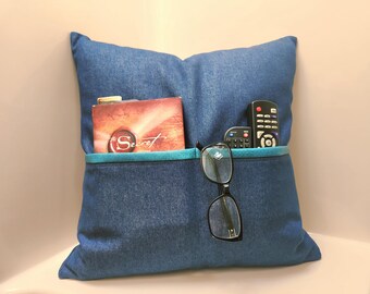 Denim Pillow Cover with Pocket and Teal Blue Faux Leather Trim