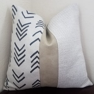 Patchwork Pillow Cover: Faux Leather, Woven Mud Cloth Accent