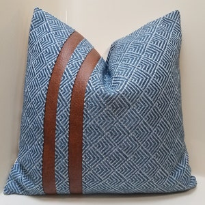 BLUE Pillow Cover with Faux Leather Accent Stripes, Farmhouse Pillow, Colorblock Pillow, Unique Tribal Throw Pillowcase, Decorative Pillow