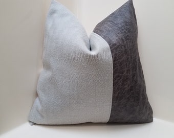 Gray Herringbone Pillow Cover: Faux Leather Color Block Design