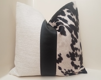 Cowhide Accent Pillow Cover: Black Faux Leather Stripe