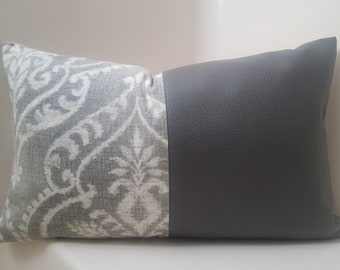 Faux Leather Pillow Cover: Gray Damask Color Block Lumbar Pillowcase