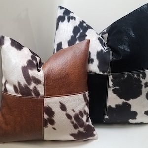 Cowhide Patchwork Pillow Cover: Faux Leather Accent Pillow