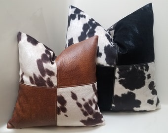 Cowhide Patchwork Pillow Cover: Faux Leather Accent Pillow