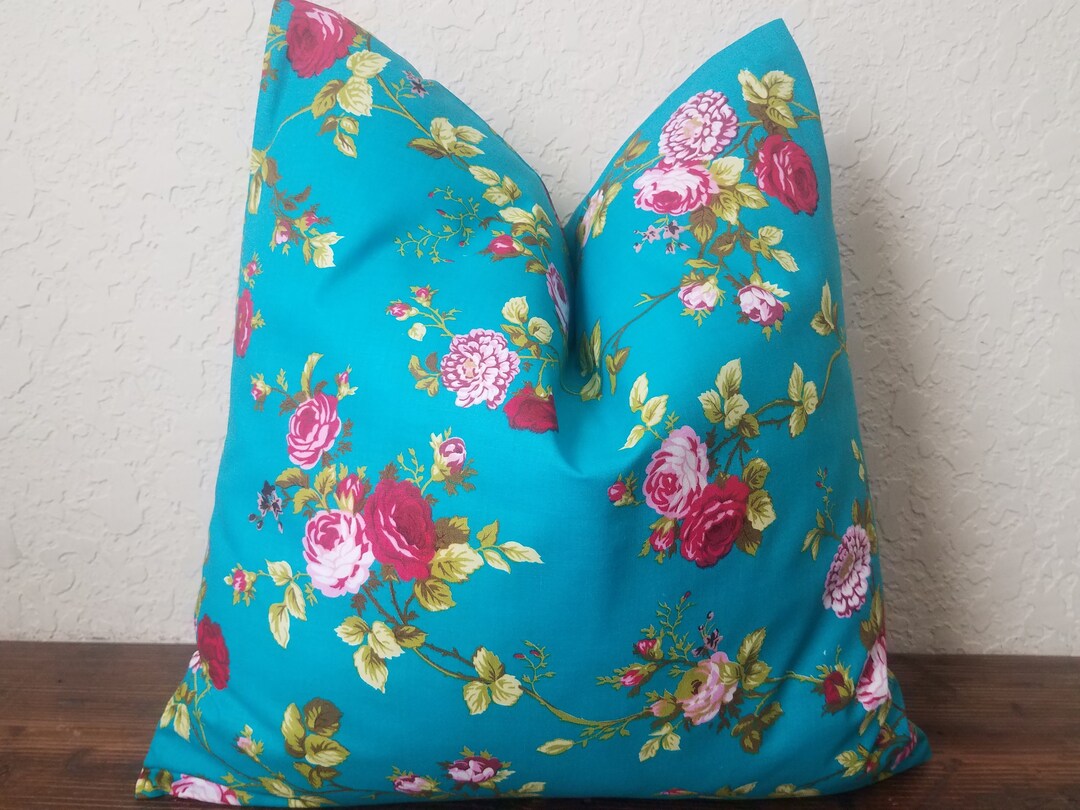 Teal Blue Floral Accent Pillow Cover. Farmhouse Pillows. Beach House