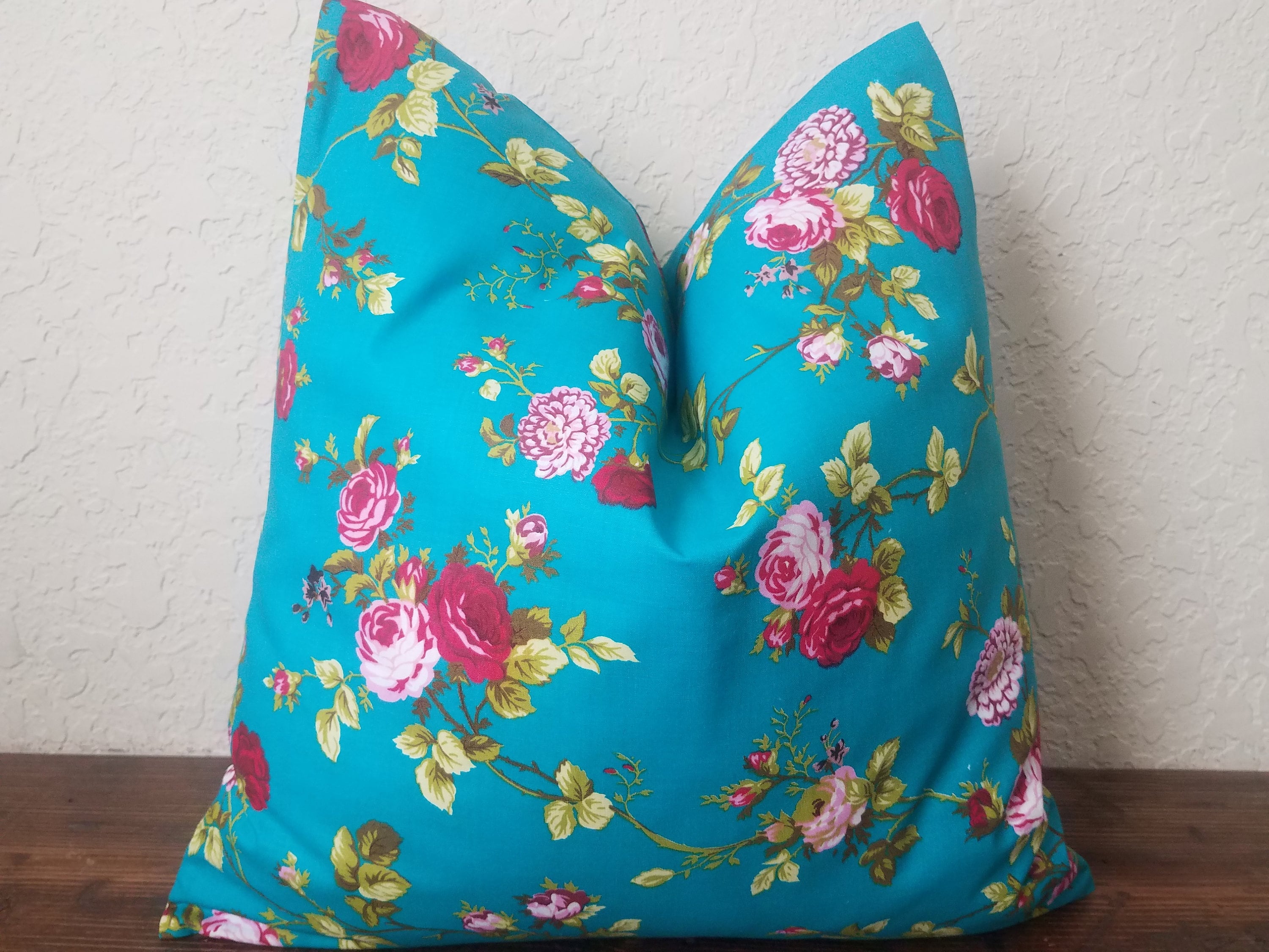 Teal Blue Floral Accent Pillow Cover. Farmhouse Pillows. Beach House