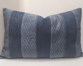 Navy Blue Denim Rectangular or Bolster Striped Pillow Cover- Patchwork Design