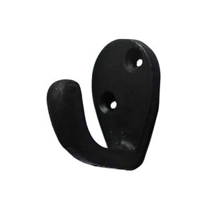 May include: Black metal double hook with two screw holes. The hook is curved and has a rounded shape.