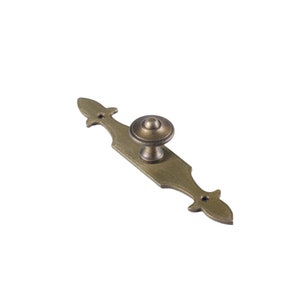 Peut inclure: Poignée de porte en laiton antique avec une plaque arrière décorative. La plaque arrière présente un motif de fleur de lys à chaque extrémité.