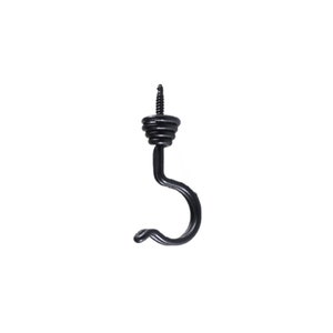 May include: Black screw-in ceiling hook. The hook has a spiral design and a pointed screw end for easy installation. The hook is made of metal and is designed to hold items from the ceiling. The hook is a simple, yet functional design.