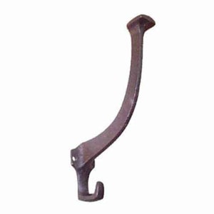 May include: A rustic brown metal hook with a curved arm and a single hook at the end. The hook is designed for hanging items on a wall.