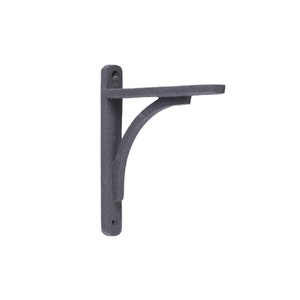 May include: A black metal shelf bracket with a curved design. The bracket is made of cast iron and has a rustic finish.
