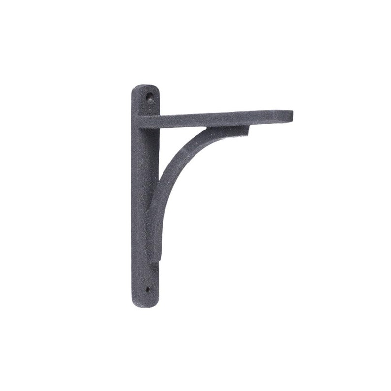 May include: A black metal shelf bracket with a curved design. The bracket is made of cast iron and has a rustic finish.