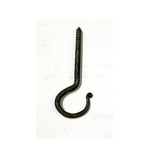 May include: A black metal hook with a screw thread. The hook is bent into a J shape and has a rounded tip.