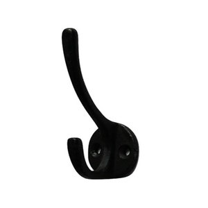 May include: Black metal double hook with a round base. The hook is curved and has two points for hanging items.