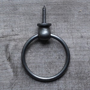 May include: A metal ring pull with a screw, suitable for a drawer or cabinet. The circular ring is attached to a decorative base. The screw is silver and has a pointed tip. The hardware is made of a dark metal, possibly antique.