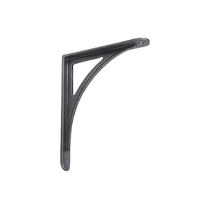 May include: A single, dark grey cast iron shelf bracket. The bracket has a curved design with a triangular support and two pre-drilled holes for mounting. The overall shape is an L-shape, suitable for supporting shelves.